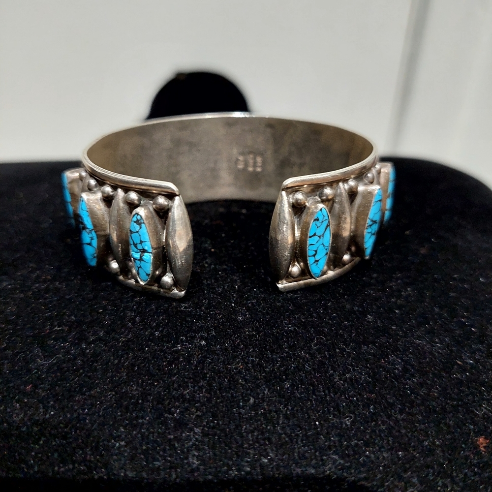 Vintage Mexico 925 Turquoise Cuff Bracelet - Picture 6 of 9
